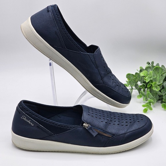 Skechers Slip On Comfort Shoes Women's 9 Memory Foam Perforated Navy Blue - Picture 3 of 9